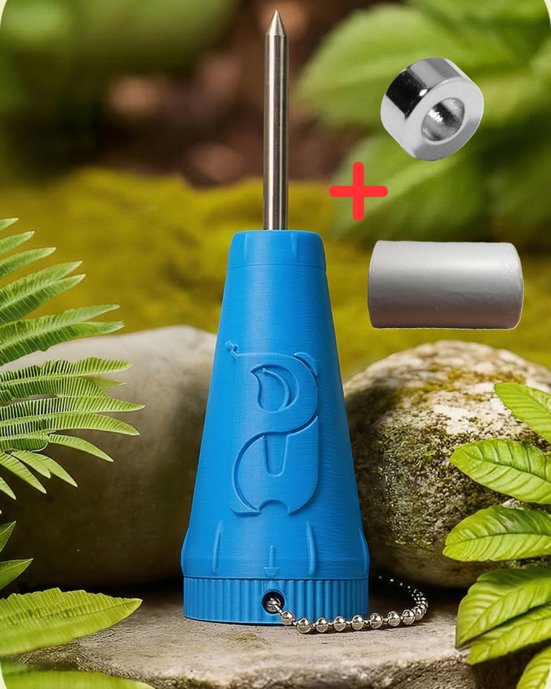 Ein Bundel mit dem Hellblau Umweltfreund auf dem Bild neben dem Hellblau Umweltfreund, ist ein Magnet und eine Mülltütenroll zu sehen.