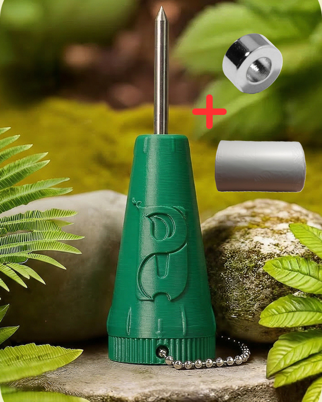 Ein Bundel mit dem Dunkelgrünen Umweltfreund auf dem Bild neben dem Dunkelgrünen Umweltfreund, ist ein Magnet und eine Mülltütenroll zu sehen.